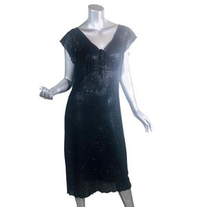 Vintage 90’s Y2K Black Sheer Sparkle MIDI Dress Short Sleeve V Neck Bow Stretchy